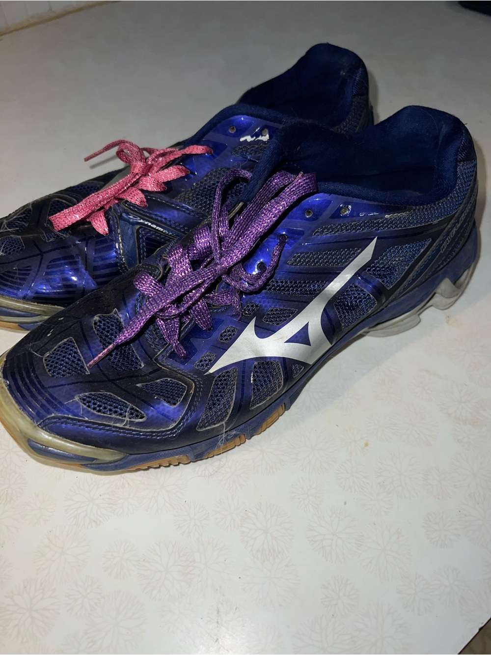 Mizuno Women's Navy Purple Athletic Sneakers with Pink Accent Laces